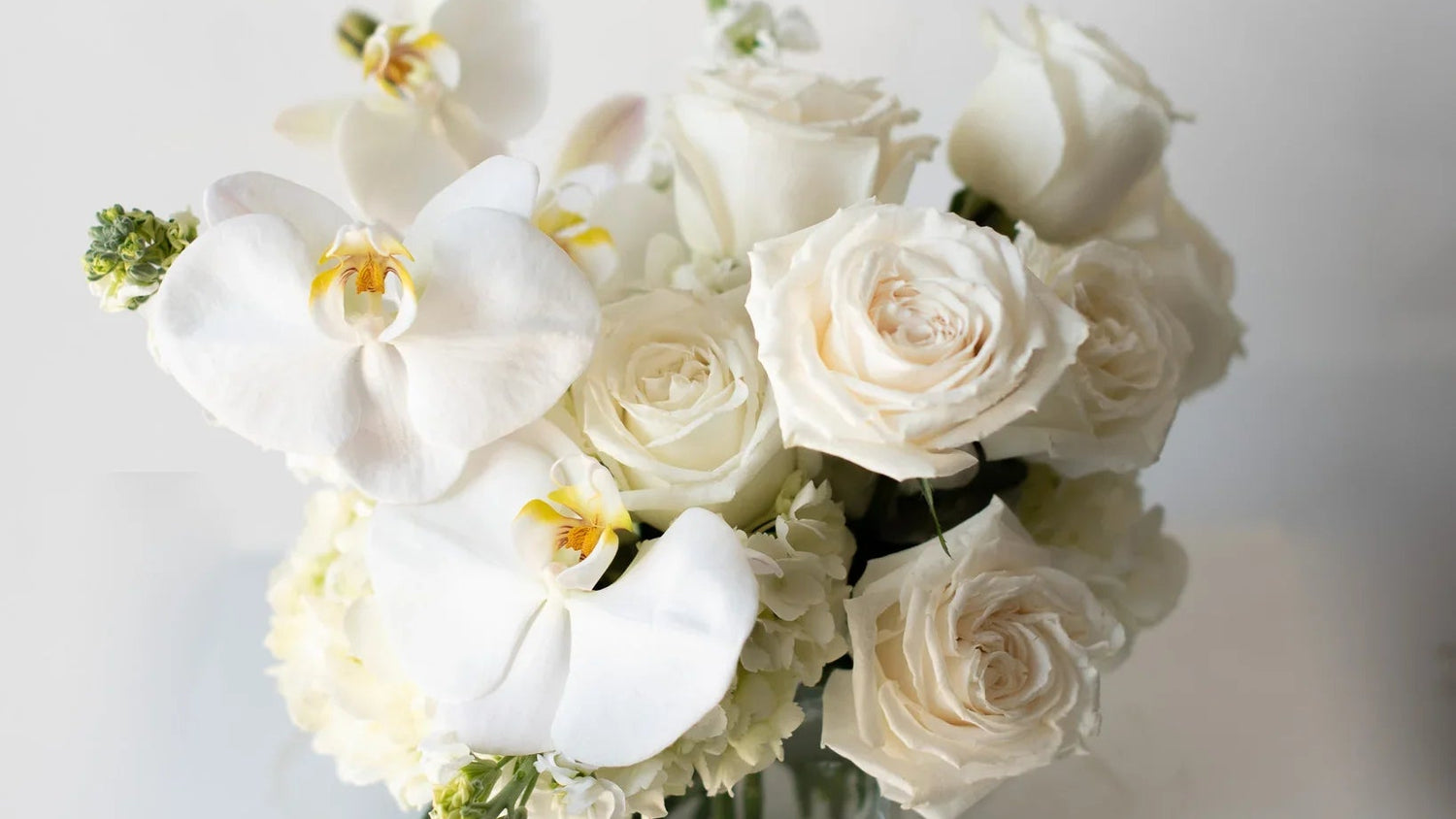 Bouquet of white flowers in a clear vase on a light background