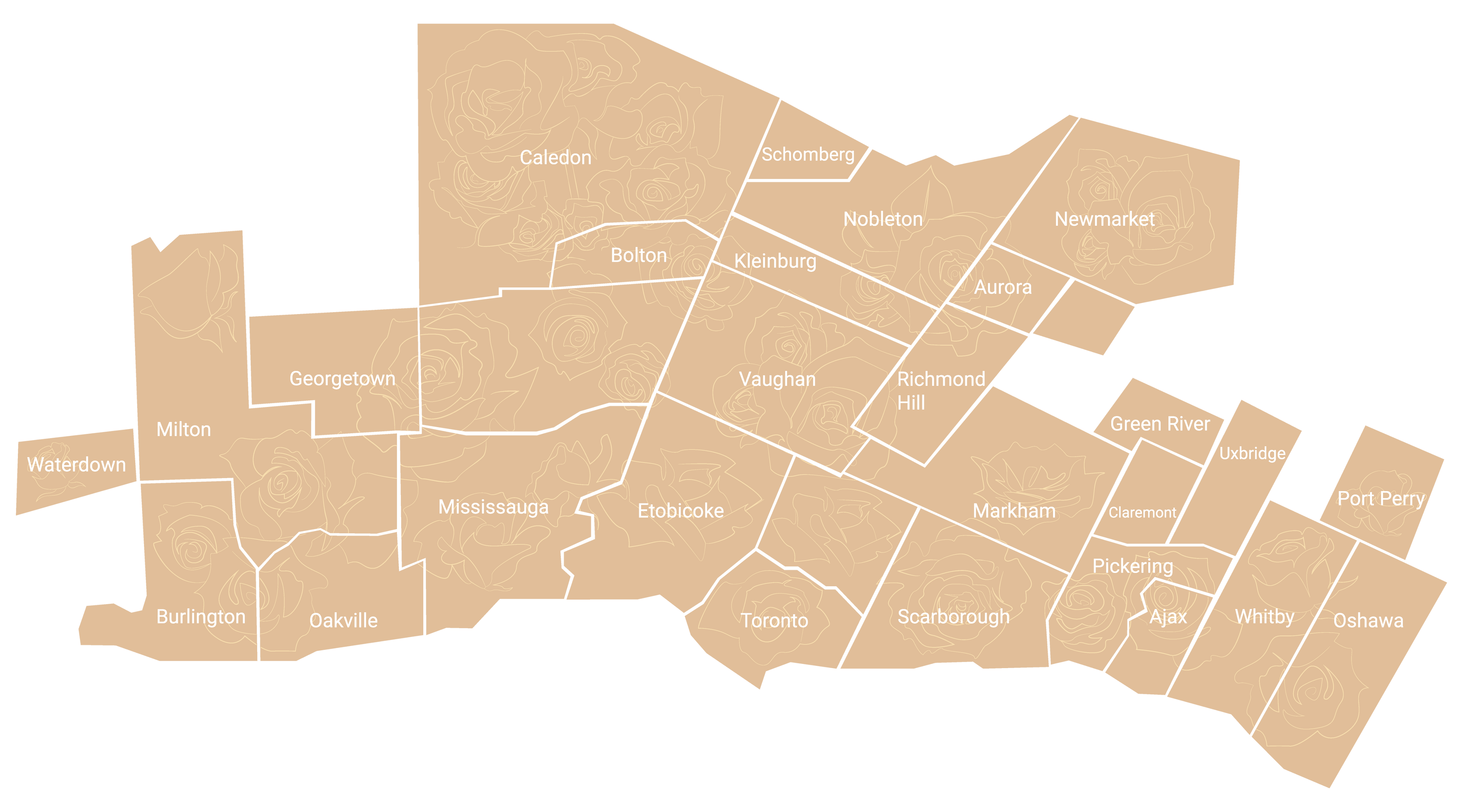 Delivery zone map showing flower delivery zones in Toronto, Etobicoke, Scarborough, Mississauga, Oakville, Burlington, Waterdown, Milton, Georgetown, Bolton, Vaughan, Caledon, Kleinburg, Nobleton, Schomberg, Newmarket, Aurora, Richmond Hill, Markham, Green River, Uxbridge, Claremont, Pickering, Ajax, Whitby, Oshawa, and Port Perry